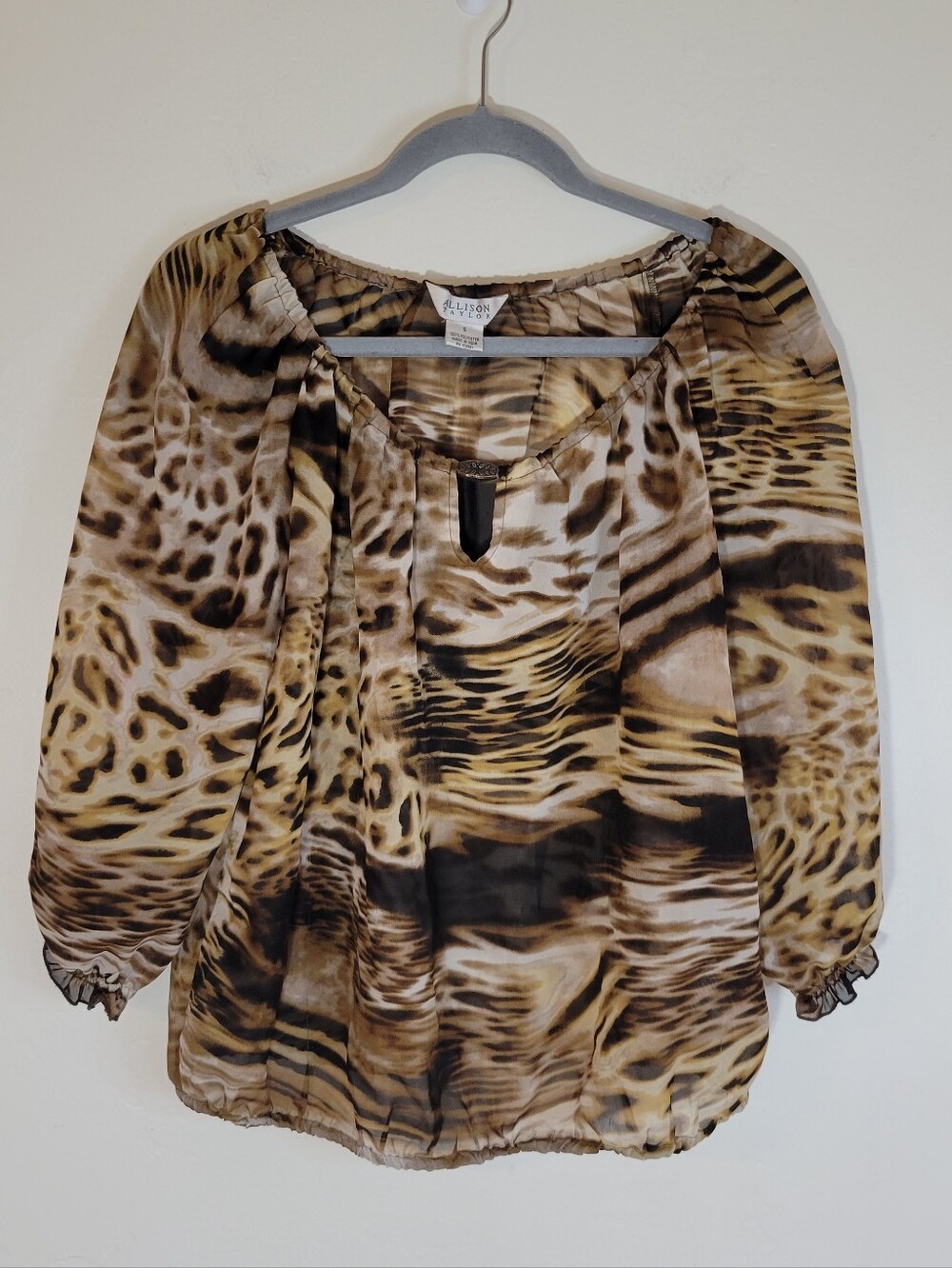 Allison Taylor WOMEN SIZE S Sheer Animal-Print Peasant Blouse - Brown & Black